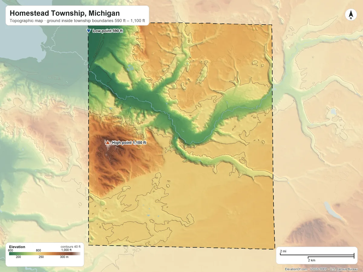 Topographic elevation map of Homestead Township, Michigan, shaded from 590 ft on the northwest side to 1,100 ft on the west side