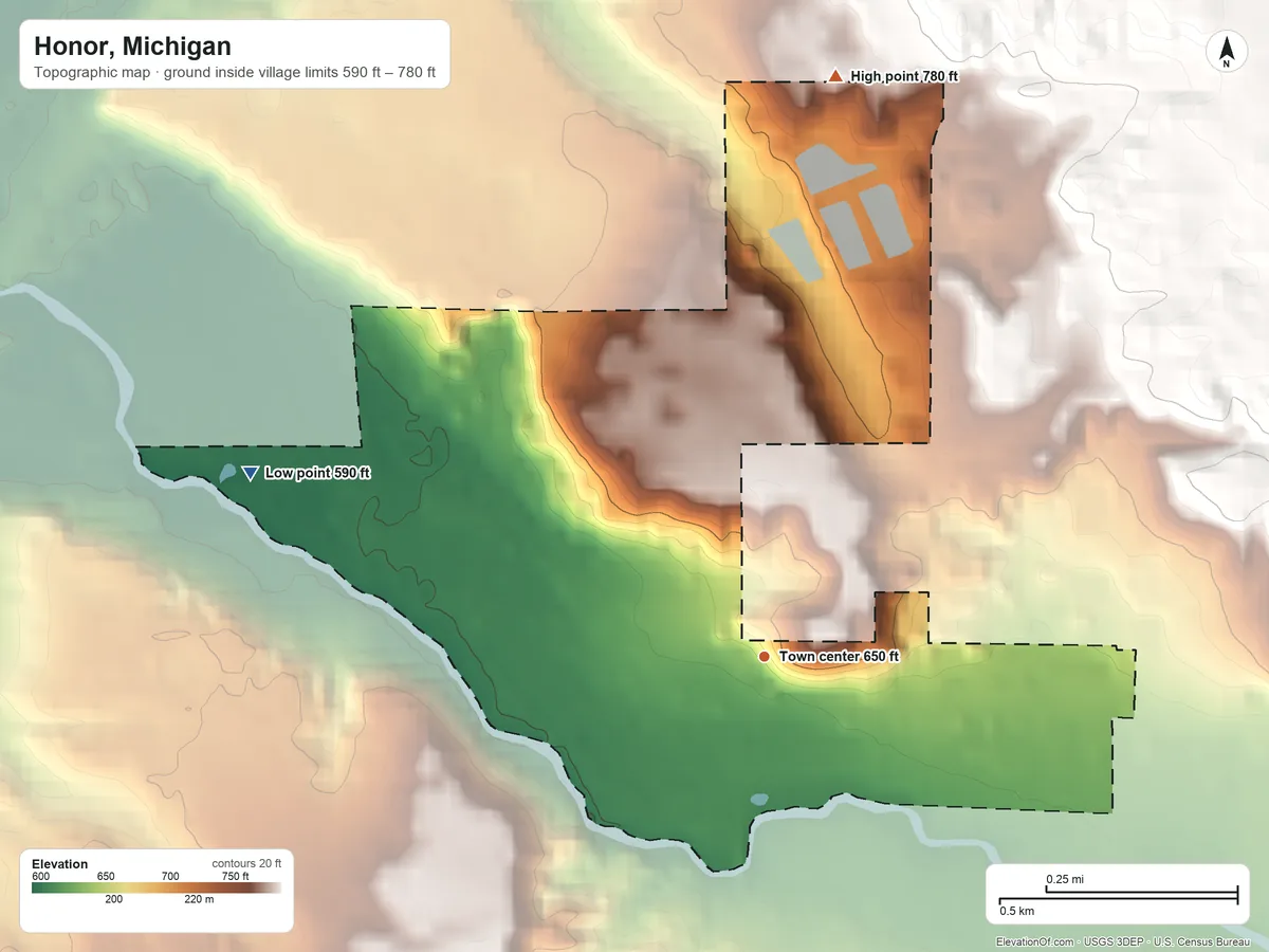 Topographic elevation map of Honor, Michigan, shaded from 590 ft on the west side to 780 ft on the north side