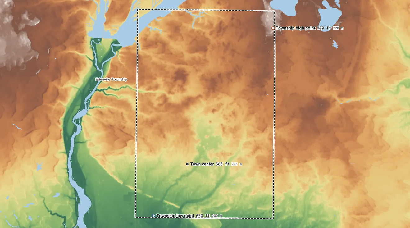 Topographic elevation map of Hope Township, Midland County, Michigan, shaded from 650 ft on the southwest side to 720 ft on the northeast side