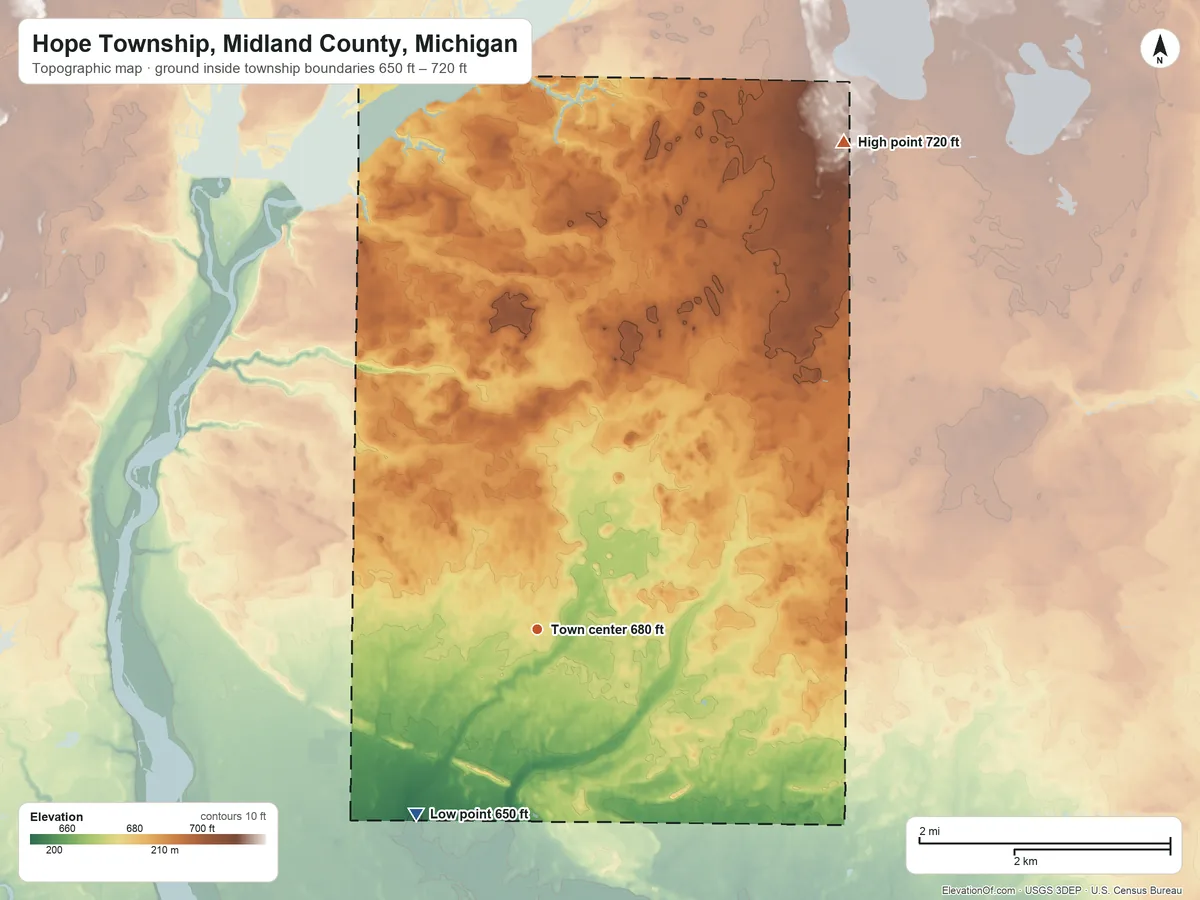 Topographic elevation map of Hope Township, Midland County, Michigan, shaded from 650 ft on the southwest side to 720 ft on the northeast side