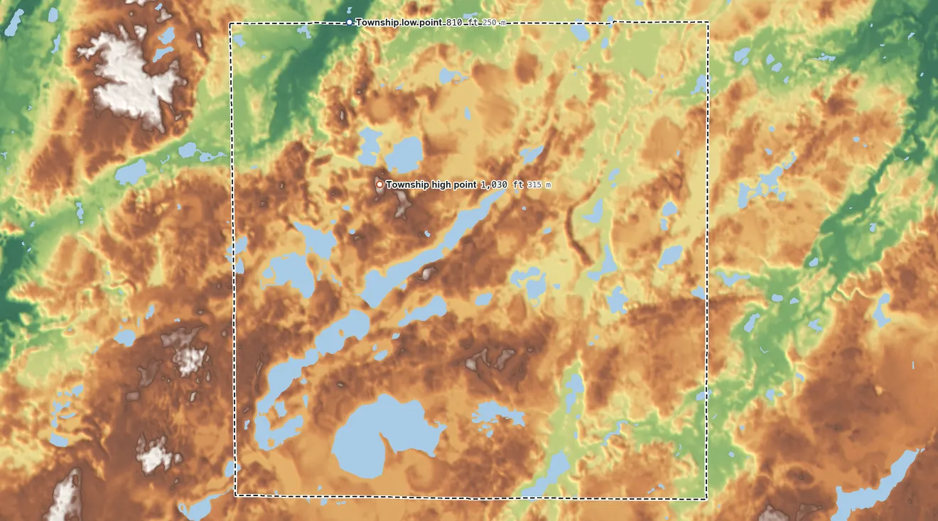 Topographic elevation map of Hope Township, Michigan, shaded from 810 ft on the north side to 1,030 ft on the north side