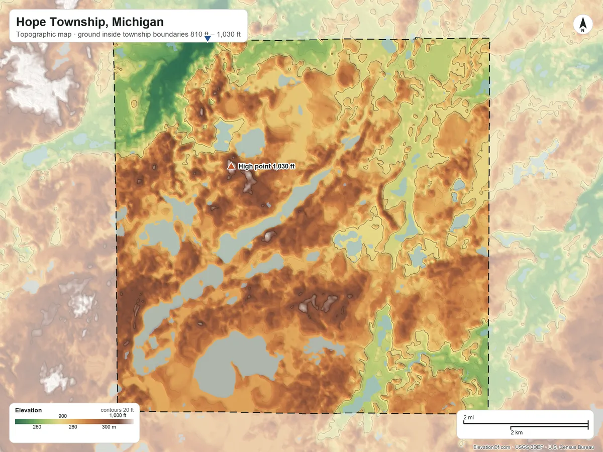 Topographic elevation map of Hope Township, Michigan, shaded from 810 ft on the north side to 1,030 ft on the north side