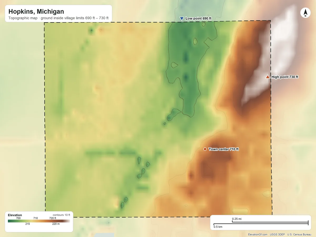 Topographic elevation map of Hopkins, Michigan, shaded from 690 ft on the north side to 730 ft on the northeast side