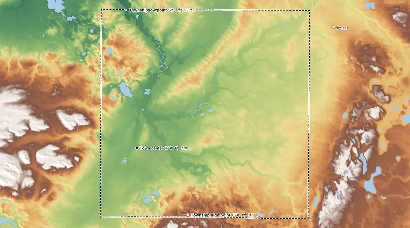 Topographic elevation map of Hopkins Township, Michigan, shaded from 670 ft on the north side to 870 ft on the southeast side