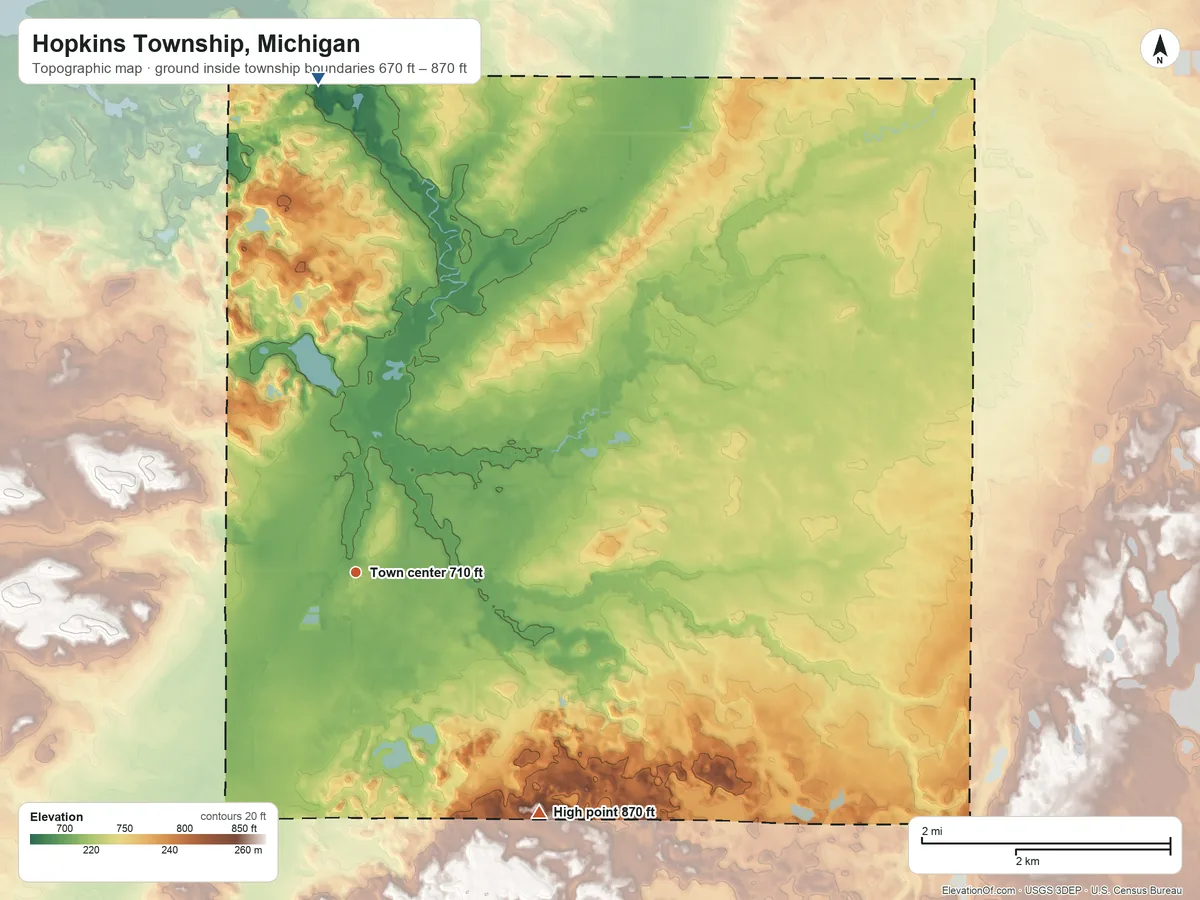 Topographic elevation map of Hopkins Township, Michigan, shaded from 670 ft on the north side to 870 ft on the southeast side