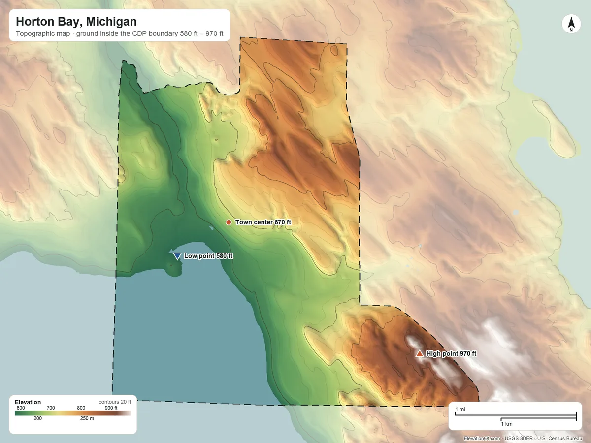 Topographic elevation map of Horton Bay, Michigan, shaded from 580 ft on the southwest side to 970 ft on the southeast side
