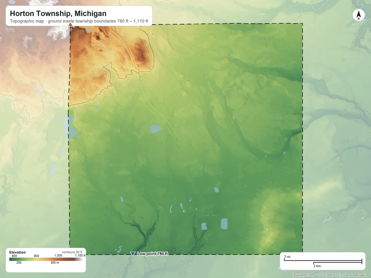 Topographic elevation map of Horton Township, Michigan, shaded from 780 ft on the southwest side to 1,110 ft on the northwest edge, below higher ground just outside