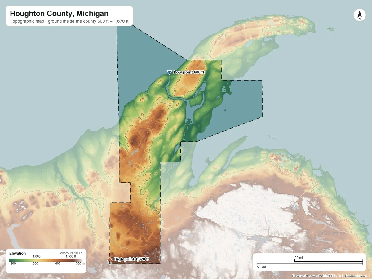 Topographic elevation map of Houghton County, Michigan, shaded from 600 ft on the north side to 1,670 ft on the southwest side
