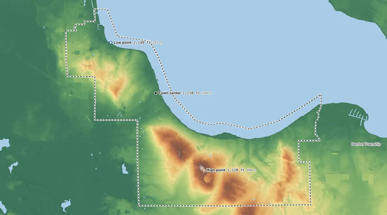 Topographic elevation map of Houghton Lake, Michigan, shaded from 1,140 ft on the northwest side to 1,320 ft on the southeast side