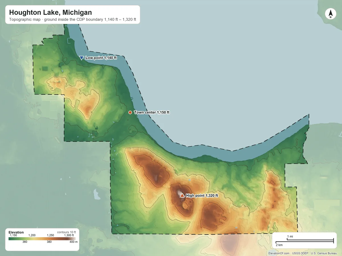 Topographic elevation map of Houghton Lake, Michigan, shaded from 1,140 ft on the northwest side to 1,320 ft on the southeast side