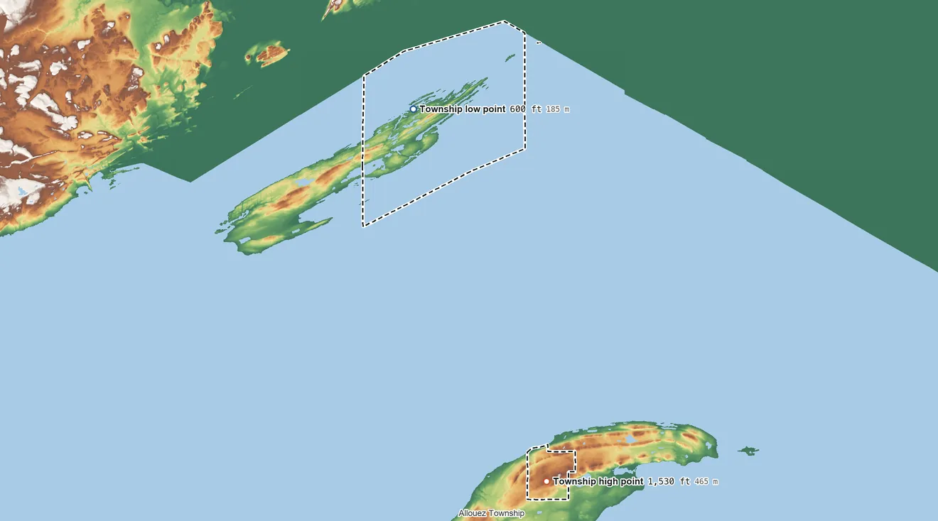 Topographic elevation map of Houghton Township, Michigan, shaded from 600 ft on the shore of Lake Superior to 1,530 ft near the middle