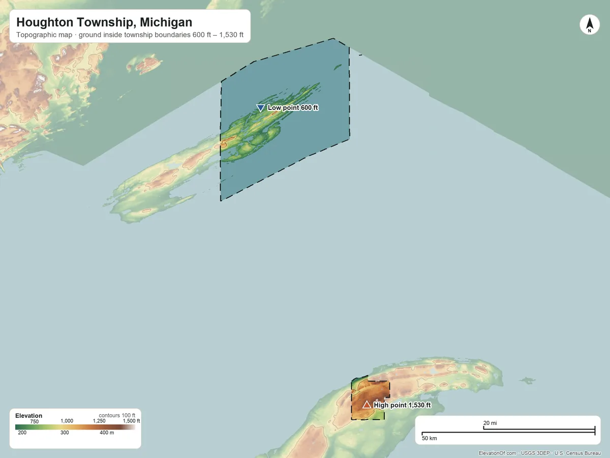 Topographic elevation map of Houghton Township, Michigan, shaded from 600 ft on the shore of Lake Superior to 1,530 ft near the middle