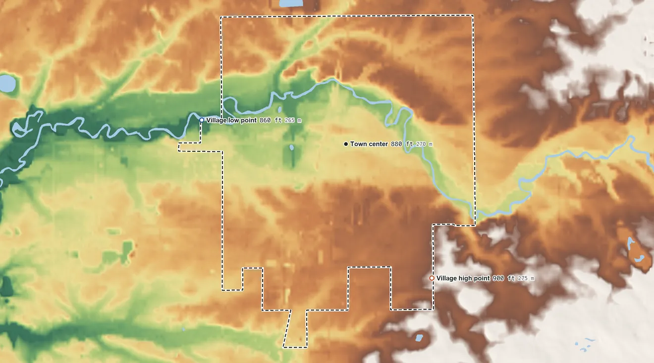 Topographic elevation map of Howard City, Michigan, shaded from 860 ft on the west side to 900 ft on the southeast side