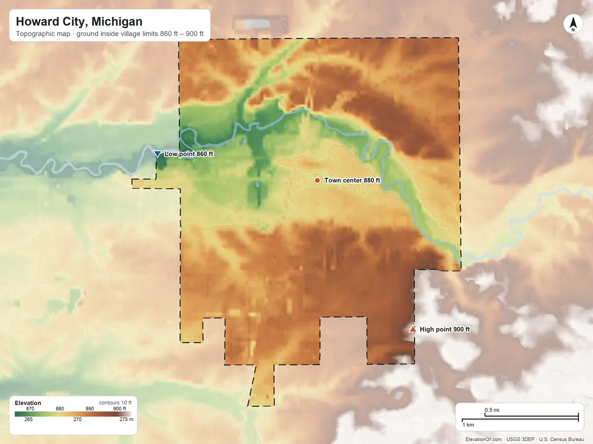 Topographic elevation map of Howard City, Michigan, shaded from 860 ft on the west side to 900 ft on the southeast side