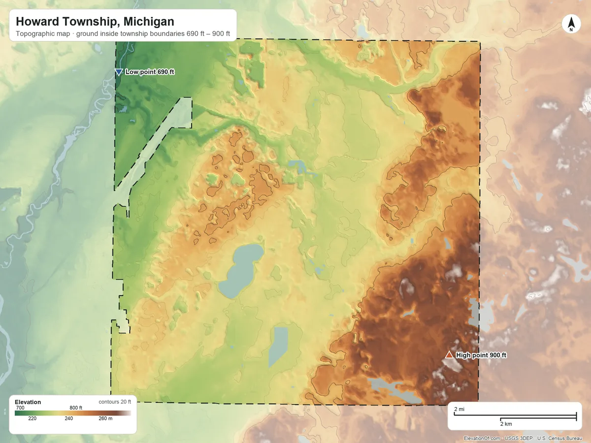 Topographic elevation map of Howard Township, Michigan, shaded from 690 ft on the northwest side to 900 ft on the southeast side