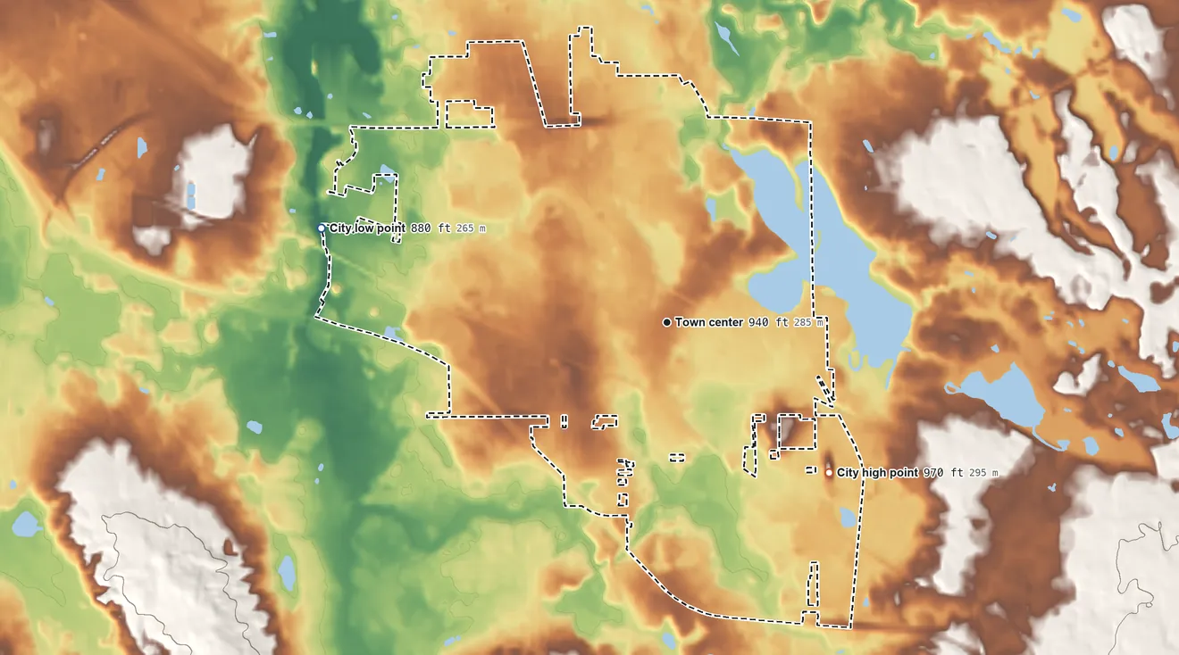 Topographic elevation map of Howell, Michigan, shaded from 880 ft on the west side to 970 ft on the southeast side