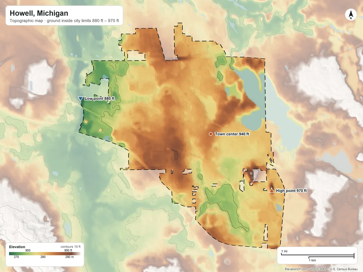 Topographic elevation map of Howell, Michigan, shaded from 880 ft on the west side to 970 ft on the southeast side