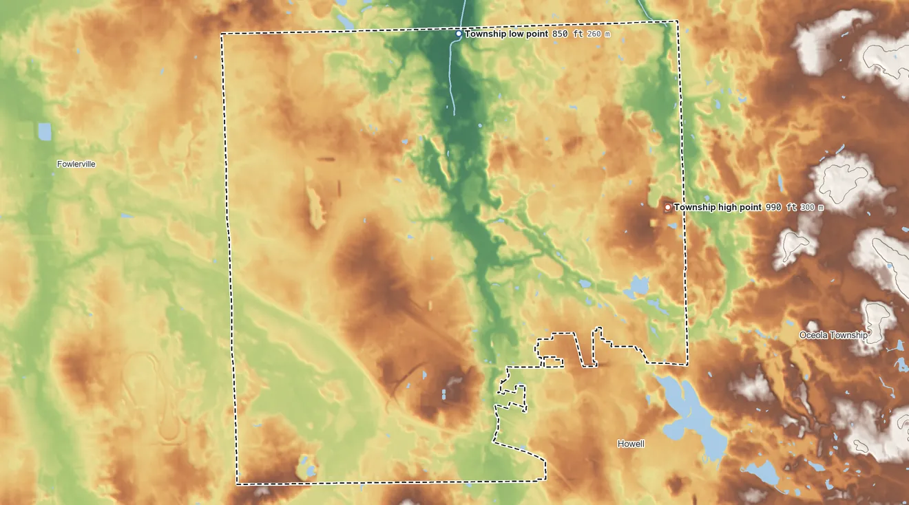 Topographic elevation map of Howell Township, Michigan, shaded from 850 ft on the north side to 990 ft on the northeast side