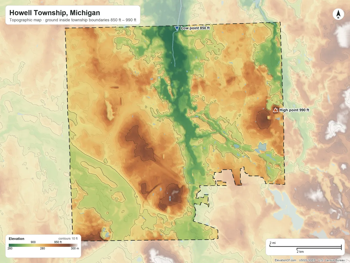 Topographic elevation map of Howell Township, Michigan, shaded from 850 ft on the north side to 990 ft on the northeast side