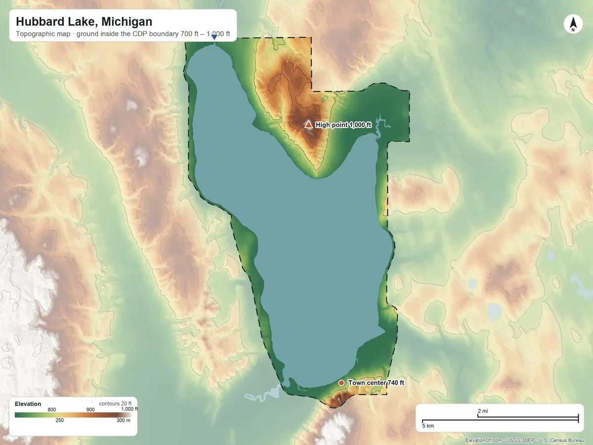 Topographic elevation map of Hubbard Lake, Michigan, shaded from 700 ft on the north side to 1,000 ft on Hickey Hill