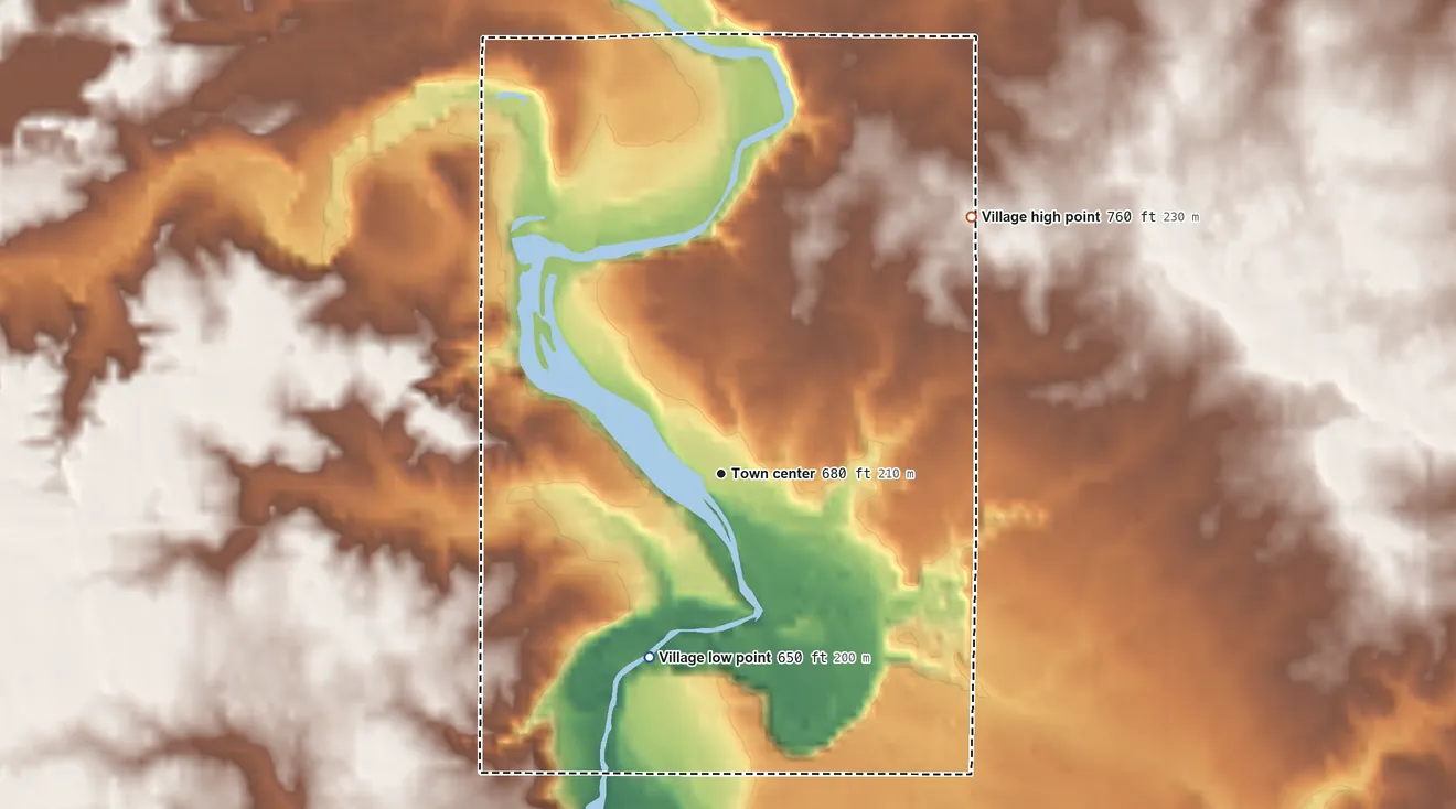 Topographic elevation map of Hubbardston, Michigan, shaded from 650 ft on the south side to 760 ft on the northeast side