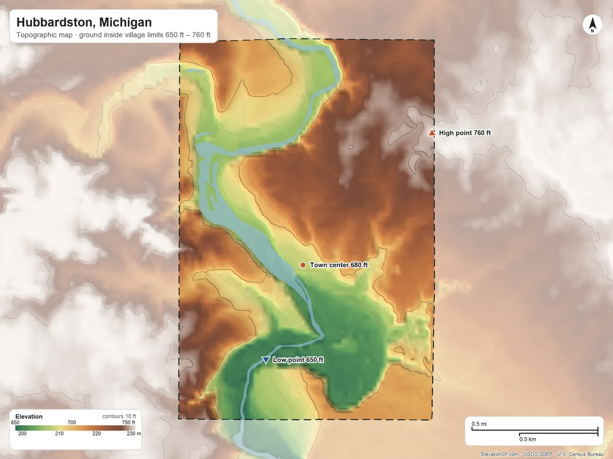 Topographic elevation map of Hubbardston, Michigan, shaded from 650 ft on the south side to 760 ft on the northeast side