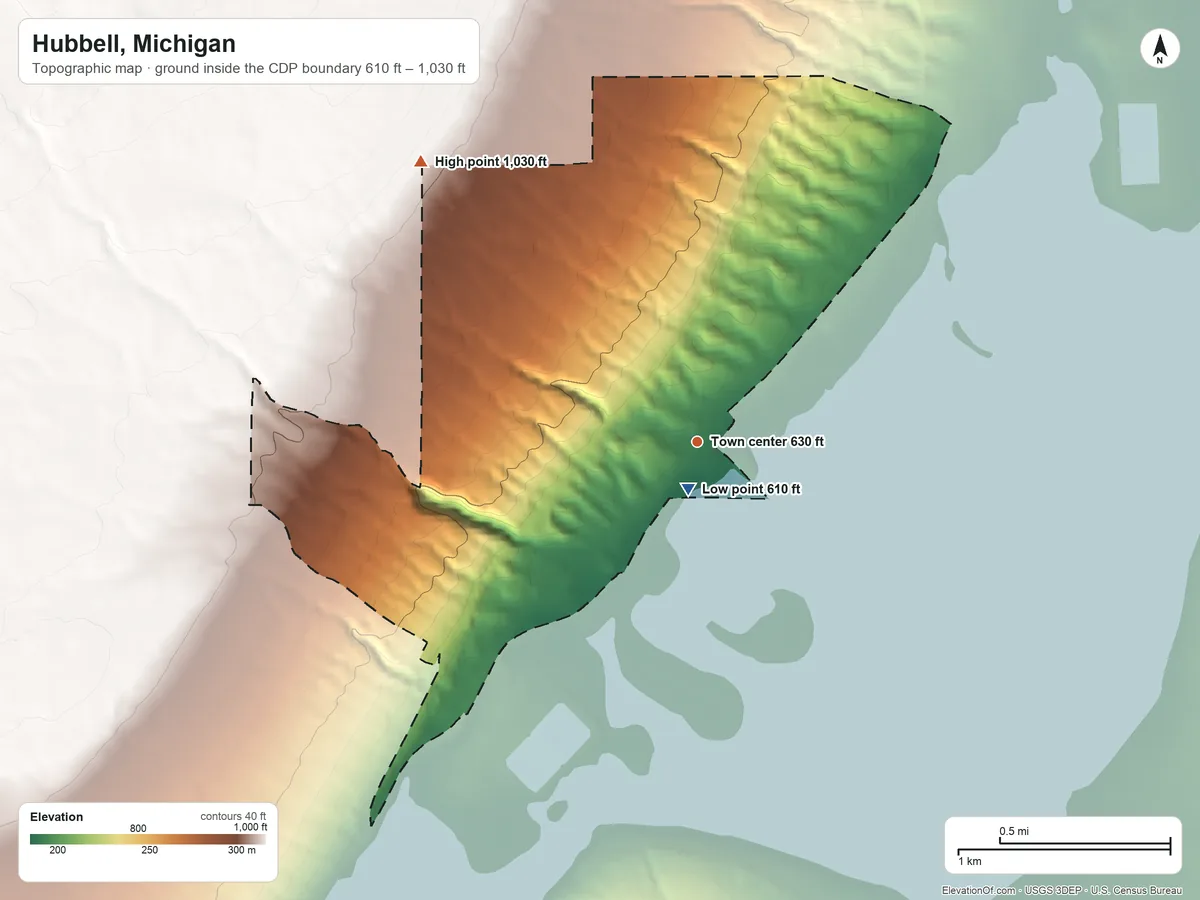 Topographic elevation map of Hubbell, Michigan, shaded from 610 ft near the middle to 1,030 ft on the northwest side