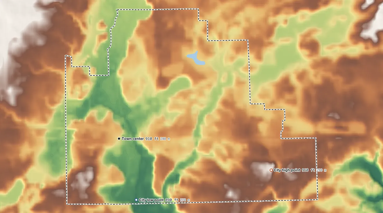 Topographic elevation map of Hudson, Michigan, shaded from 890 ft on the south side to 960 ft on the east side