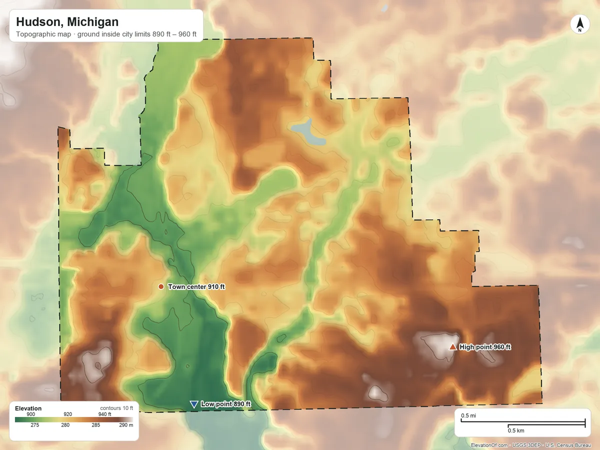 Topographic elevation map of Hudson, Michigan, shaded from 890 ft on the south side to 960 ft on the east side
