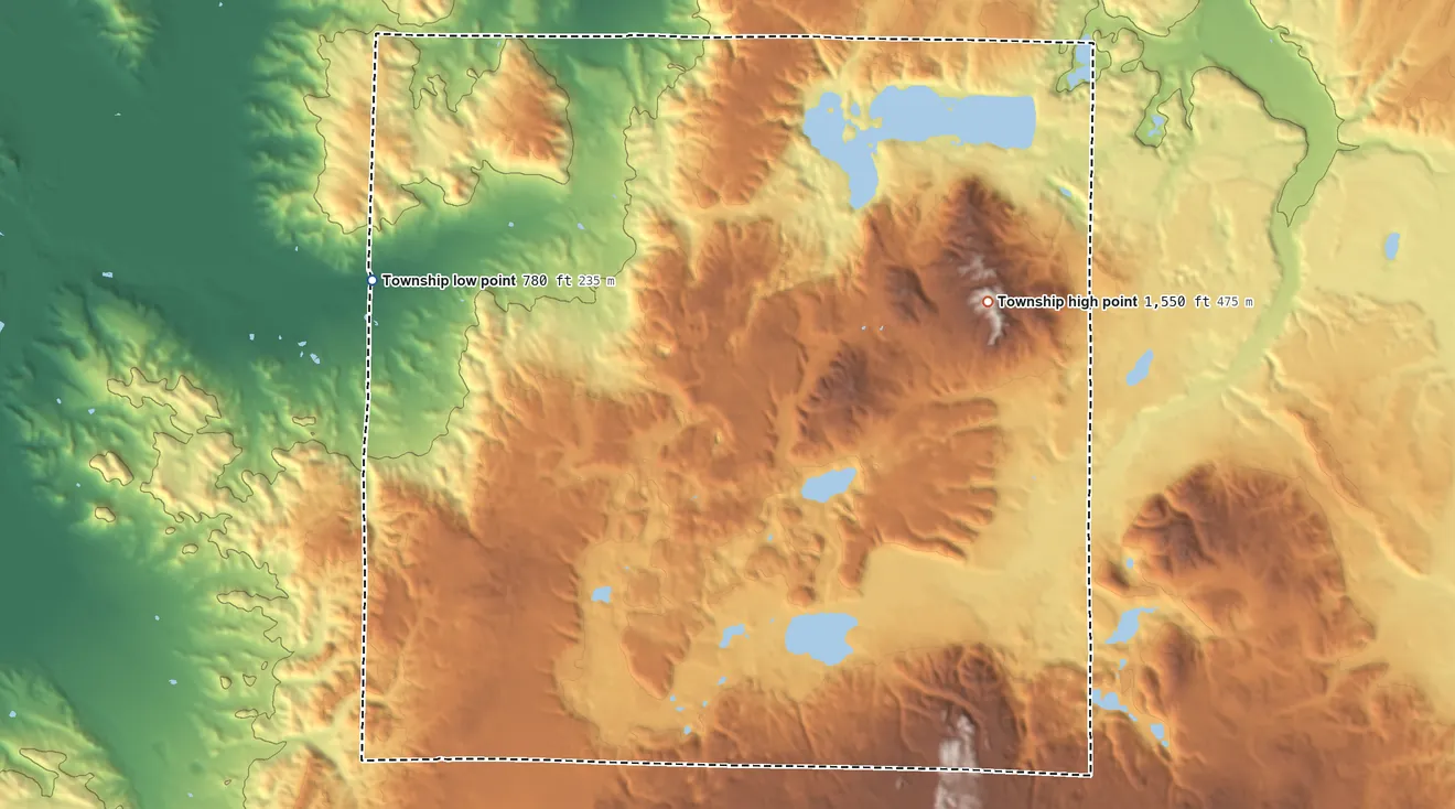 Topographic elevation map of Hudson Township, Charlevoix County, Michigan, shaded from 780 ft on the northwest side to 1,550 ft on the northeast side