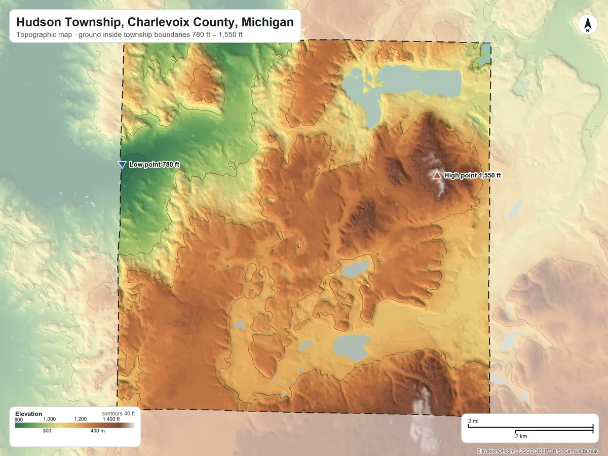 Topographic elevation map of Hudson Township, Charlevoix County, Michigan, shaded from 780 ft on the northwest side to 1,550 ft on the northeast side