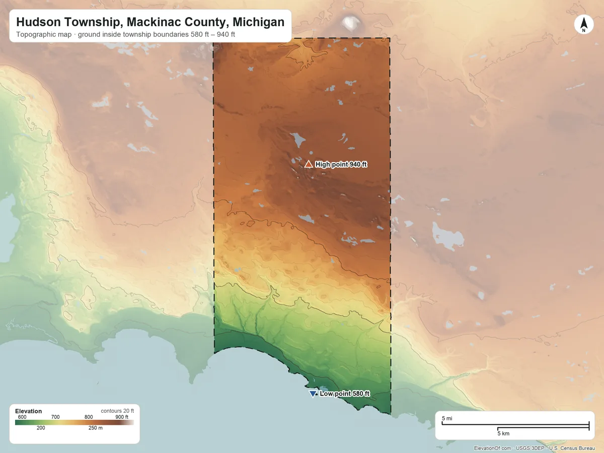 Topographic elevation map of Hudson Township, Mackinac County, Michigan, shaded from 580 ft on the south side to 940 ft on the north side