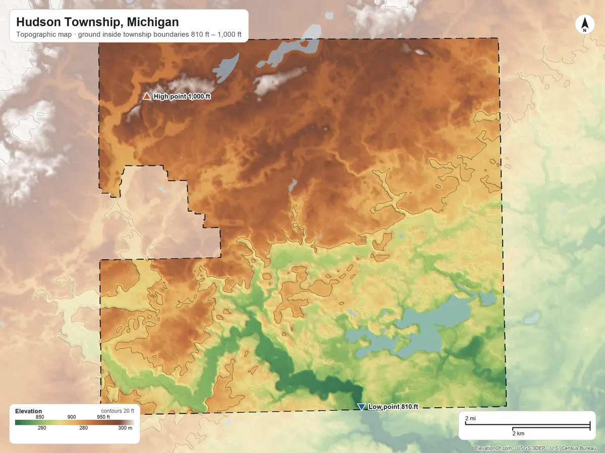 Topographic elevation map of Hudson Township, Michigan, shaded from 810 ft on the south side to 1,000 ft on the northwest side