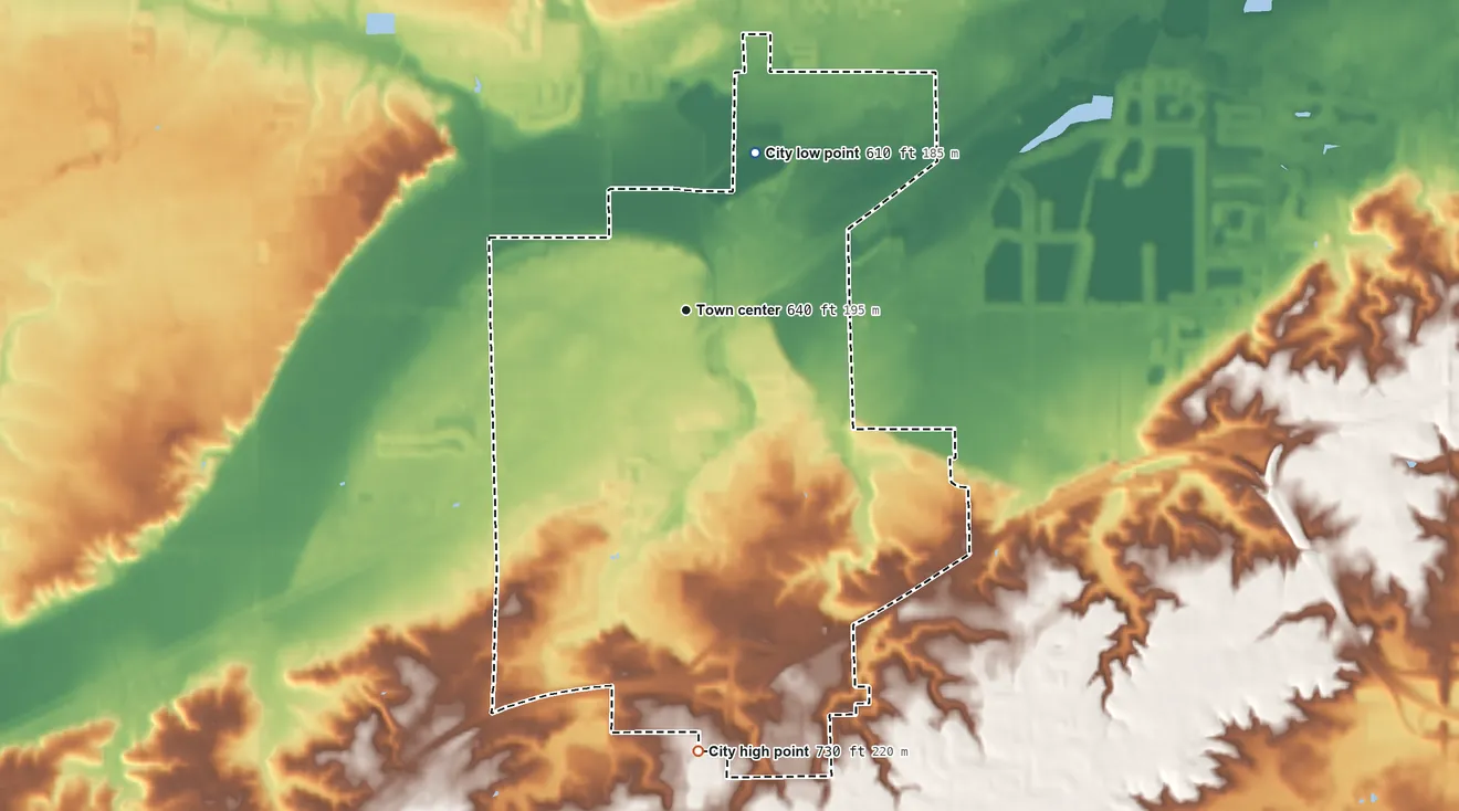 Topographic elevation map of Hudsonville, Michigan, shaded from 610 ft on the northeast side to 730 ft on the south side