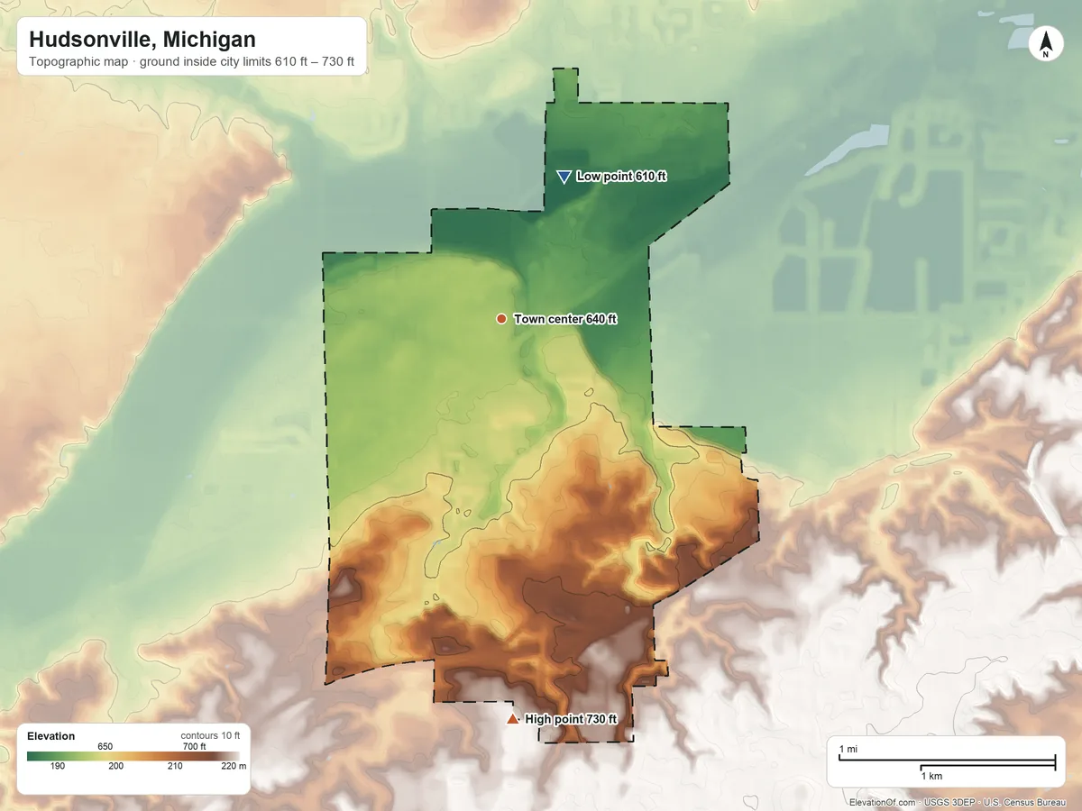 Topographic elevation map of Hudsonville, Michigan, shaded from 610 ft on the northeast side to 730 ft on the south side