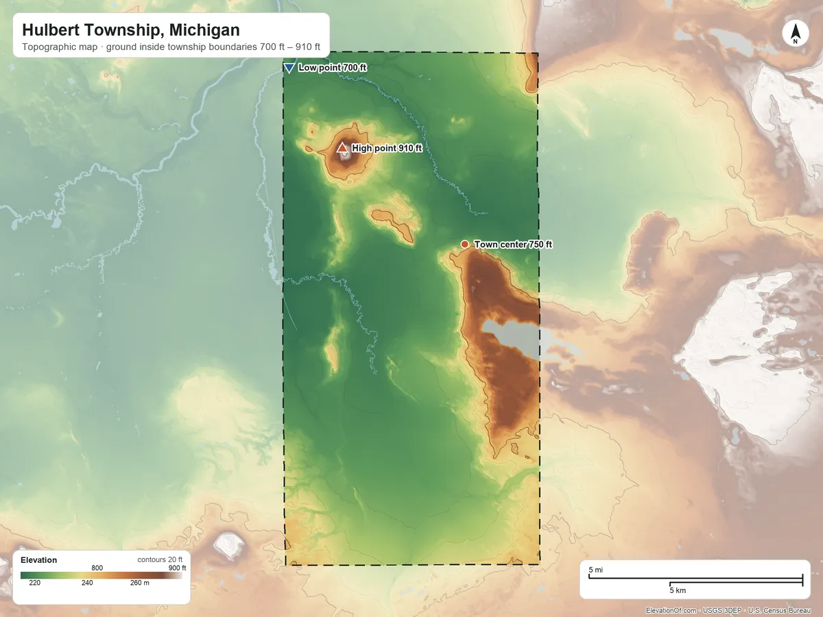 Topographic elevation map of Hulbert Township, Michigan, shaded from 700 ft on the northwest side to 910 ft on the northwest side