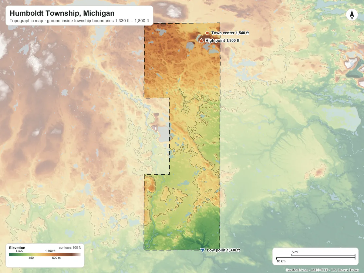 Topographic elevation map of Humboldt Township, Michigan, shaded from 1,330 ft on the south side to 1,800 ft near the middle