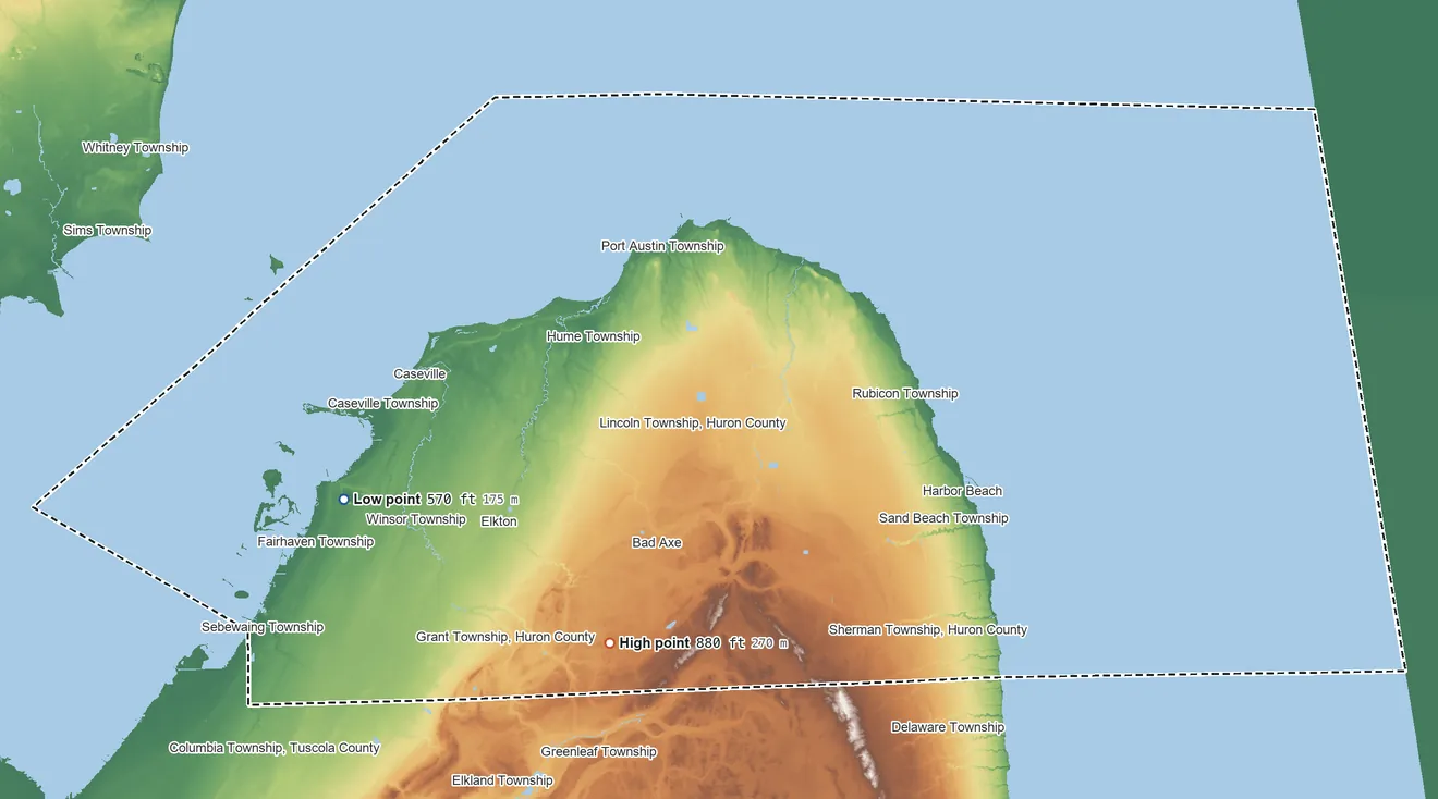 Topographic elevation map of Huron County, Michigan, shaded from 570 ft on the west side to 880 ft on the southwest side