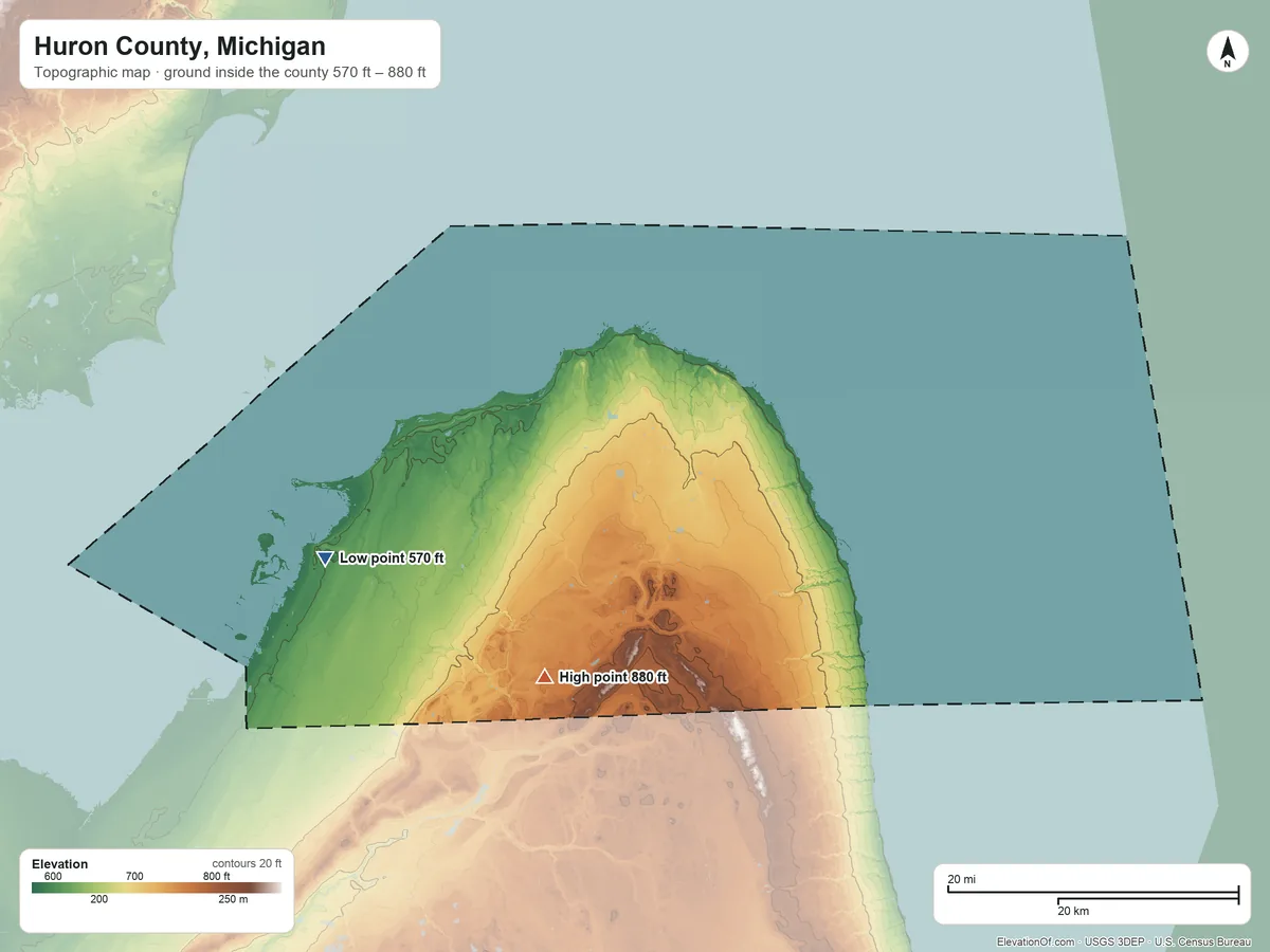 Topographic elevation map of Huron County, Michigan, shaded from 570 ft on the west side to 880 ft on the southwest side