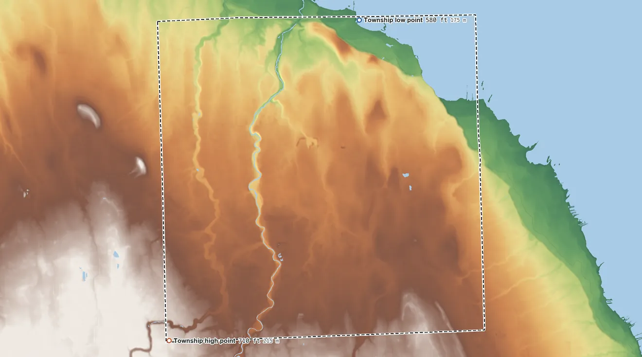 Topographic elevation map of Huron Township, Huron County, Michigan, shaded from 580 ft on the north side to 710 ft on the southwest side