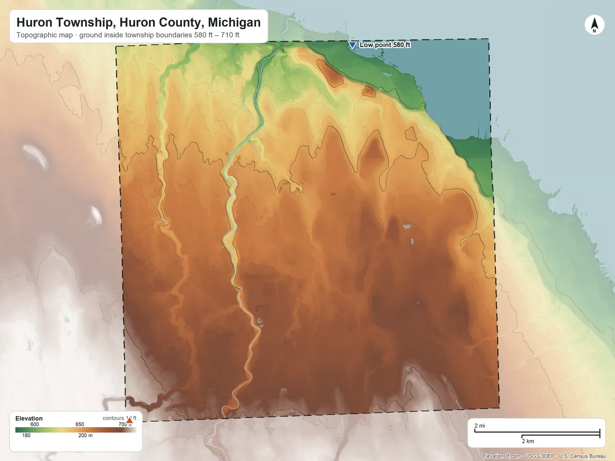 Topographic elevation map of Huron Township, Huron County, Michigan, shaded from 580 ft on the north side to 710 ft on the southwest side