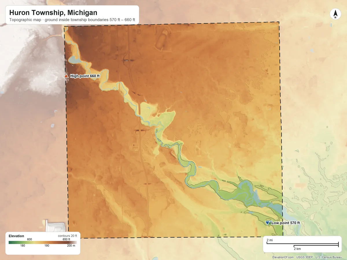 Topographic elevation map of Huron Township, Michigan, shaded from 570 ft on the southeast side to 660 ft on the northwest side