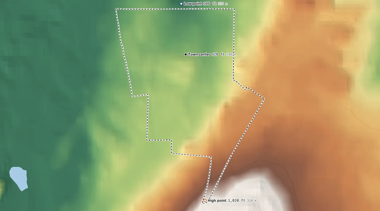 Topographic elevation map of Hurontown, Michigan, shaded from 900 ft on the north side to 1,020 ft on the south side