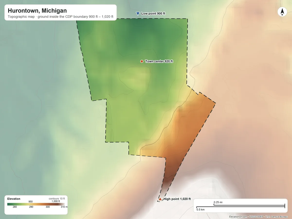 Topographic elevation map of Hurontown, Michigan, shaded from 900 ft on the north side to 1,020 ft on the south side