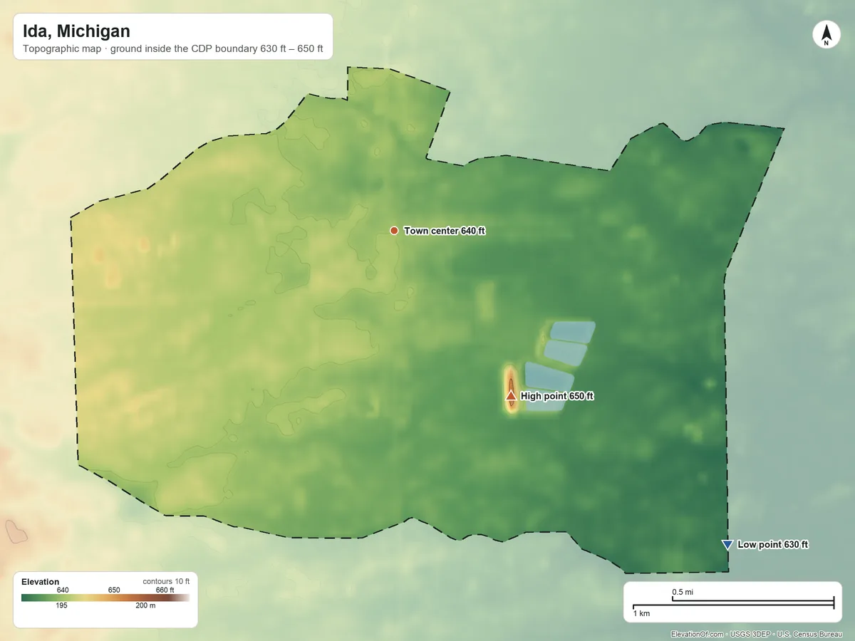 Topographic elevation map of Ida, Michigan, shaded from 630 ft on the southeast side to 650 ft on the southeast side