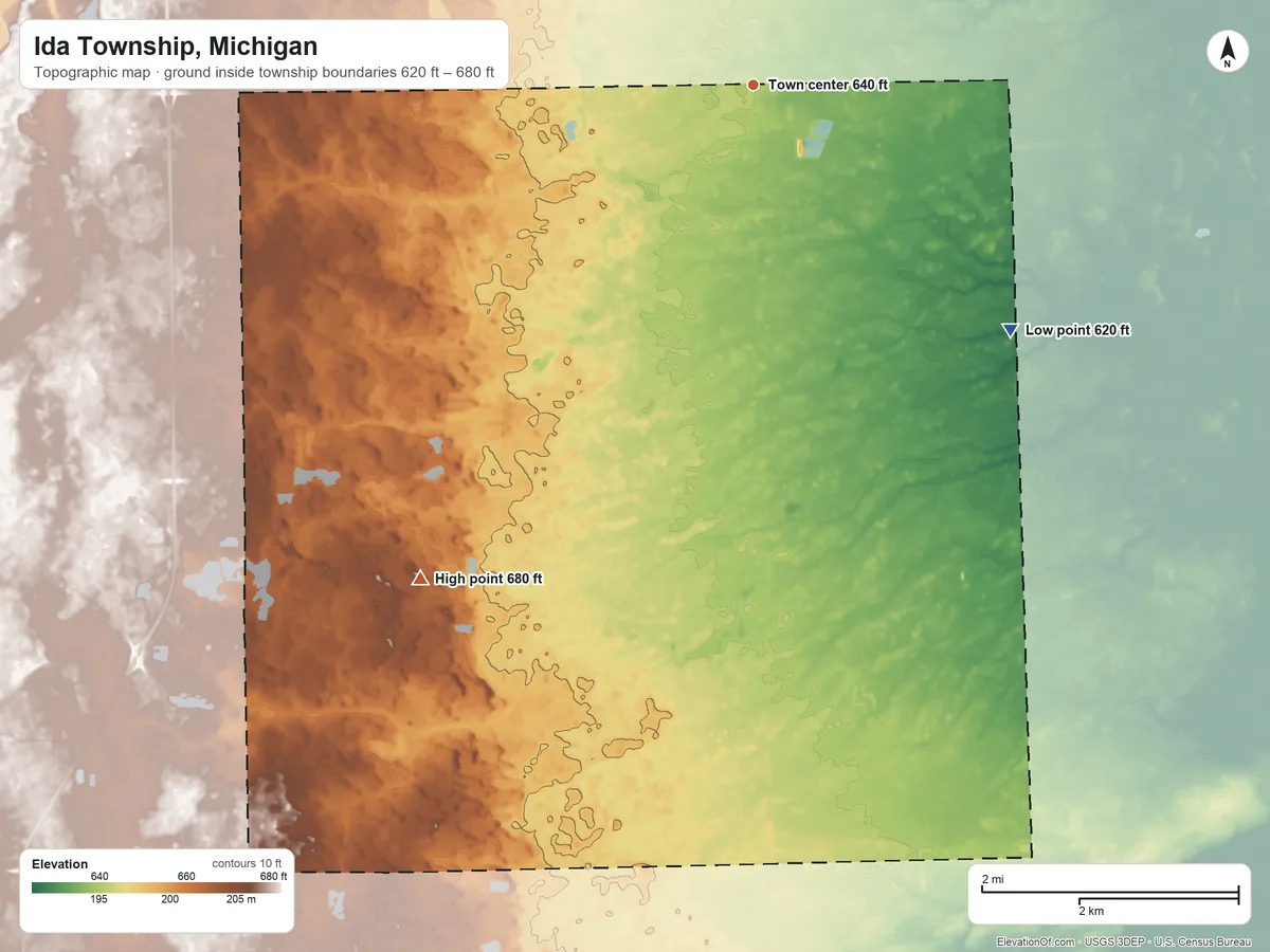 Topographic elevation map of Ida Township, Michigan, shaded from 620 ft on the southeast side to 680 ft on the southwest side