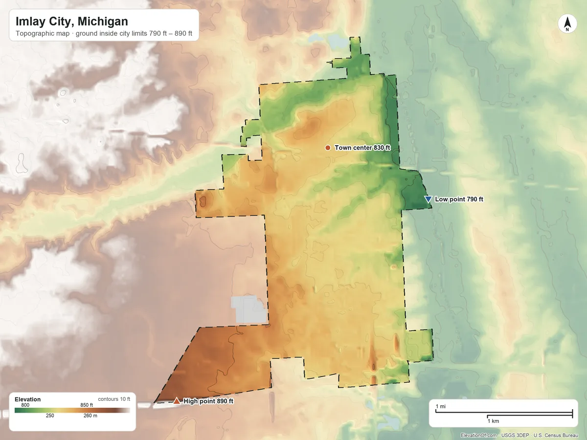 Topographic elevation map of Imlay City, Michigan, shaded from 790 ft on the southeast side to 890 ft on the southwest side