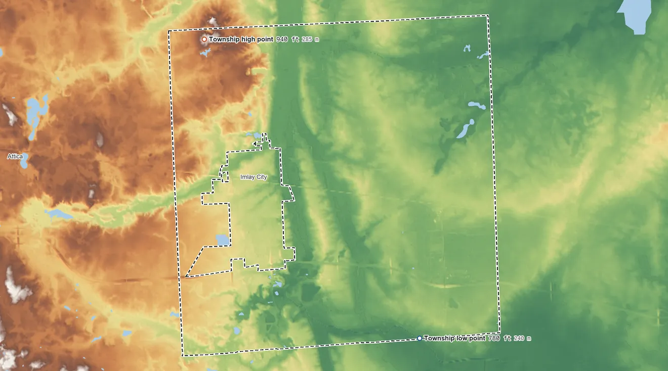 Topographic elevation map of Imlay Township, Michigan, shaded from 780 ft on the southeast side to 940 ft on the northwest side