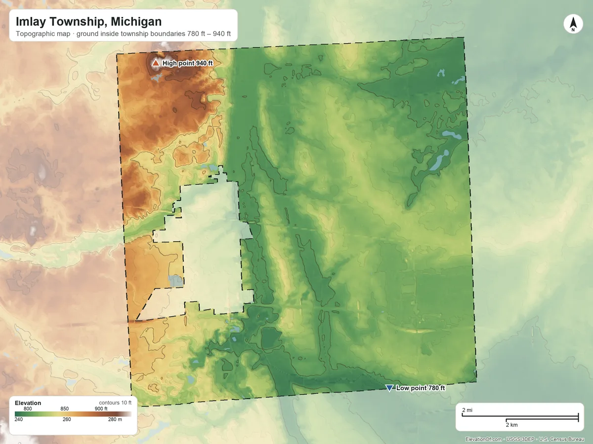Topographic elevation map of Imlay Township, Michigan, shaded from 780 ft on the southeast side to 940 ft on the northwest side