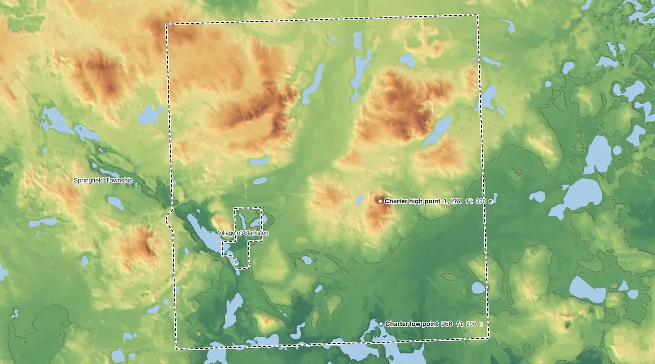 Topographic elevation map of Independence Township, Michigan, shaded from 960 ft on the southeast side to 1,280 ft on Pine Knob
